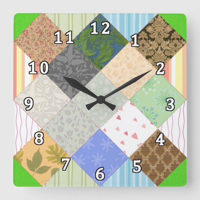 Patchwork-Steppdecke Quadratische Wanduhr (Vorderseite)
