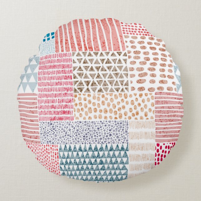 Patchwork Style Niedlich Doodle Muster Rundes Kissen (Vorderseite)
