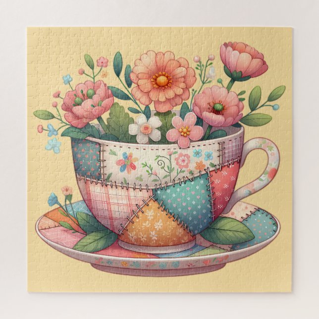 Patchwork-Teacup mit Whimsical-Blume (Vertikal)