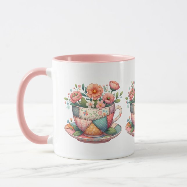 Patchwork-Teacup mit Whimsical-Blume Tasse (Links)