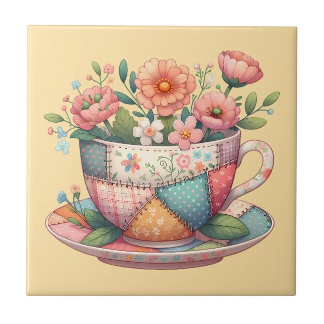 Patchwork Teacup with Whimsical Flowers Fliese (Vorderseite)