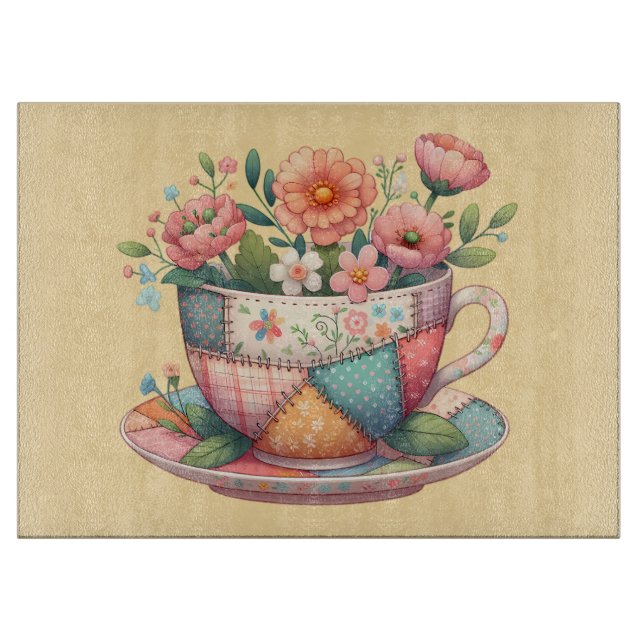 Patchwork-Teetasse mit fantastischen Blumen Schneidebrett (Vorderseite)