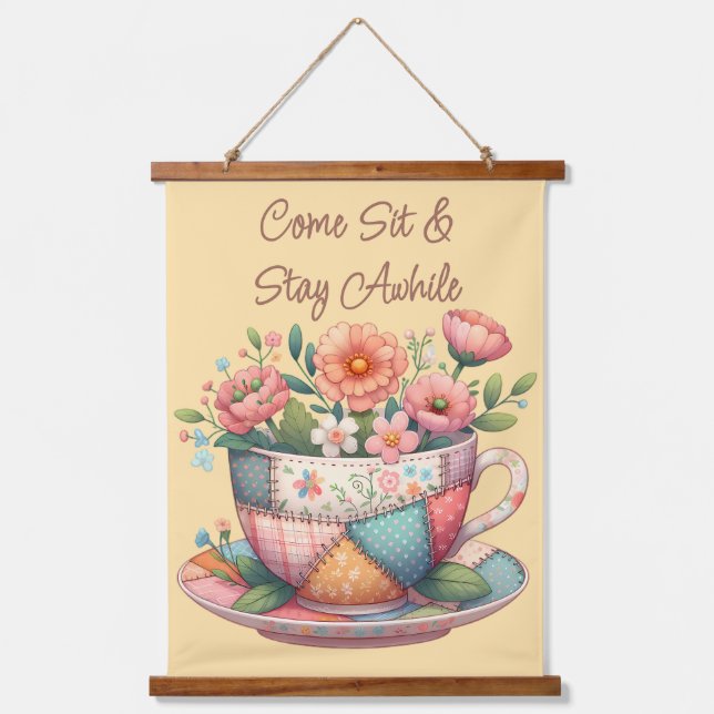 Patchwork-Teetasse mit fantastischen Blumen Wandteppich Mit Holzrahmen (Vorderseite)