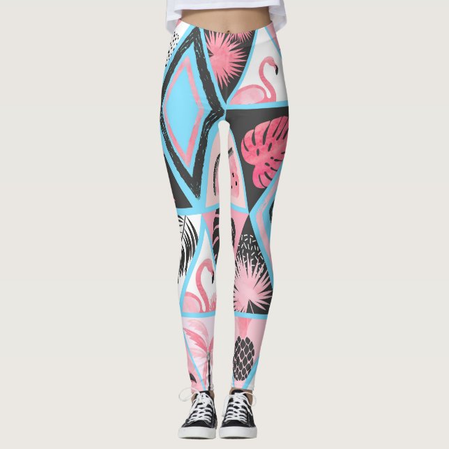 Patchwork-Tropenflamingo, Palmwedelmuster. Leggings (Vorderseite)