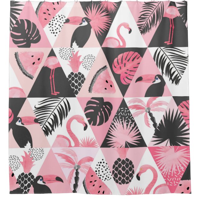 Patchwork Tropical: Flamingo Watermelon Nahtlos. Duschvorhang (Vorderseite)