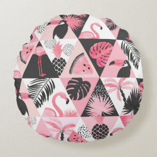 Patchwork Tropical: Flamingo Watermelon Nahtlos. Rundes Kissen