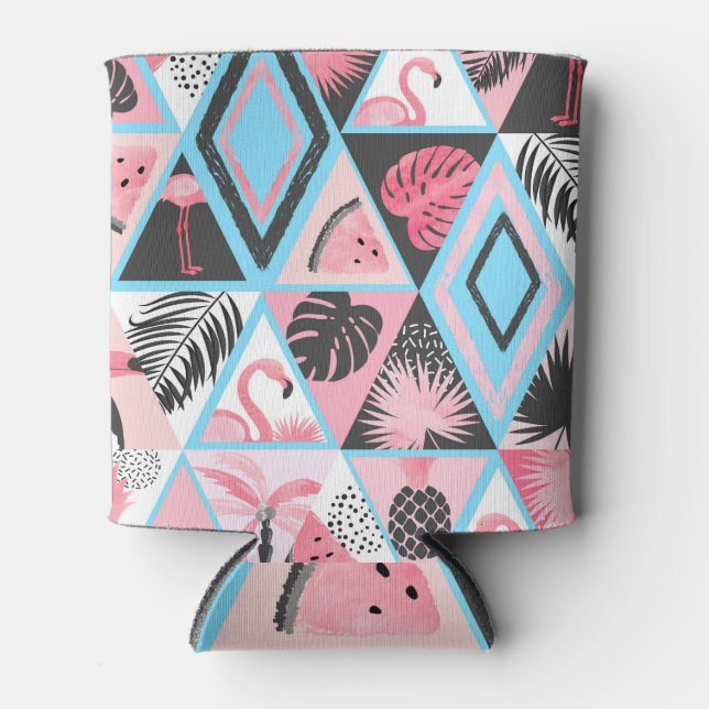 Patchwork tropischen Flamingo, Palmmuster. Dosenkühler (Vorderseite)