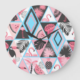 Patchwork tropischen Flamingo, Palmmuster. Große Wanduhr