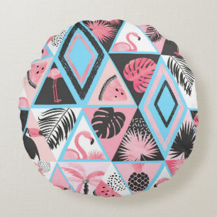 Patchwork tropischen Flamingo, Palmmuster. Rundes Kissen