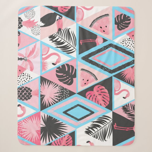 Patchwork tropischen Flamingo, Palmmuster. Sherpadecke (Vorderseite)