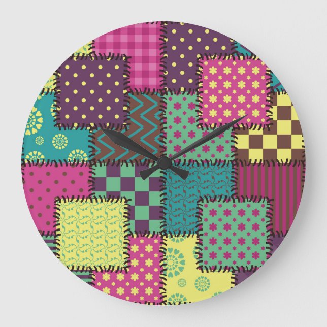 Patchwork: Vielfältige Muster Hintergrund Große Wanduhr (Vorderseite)