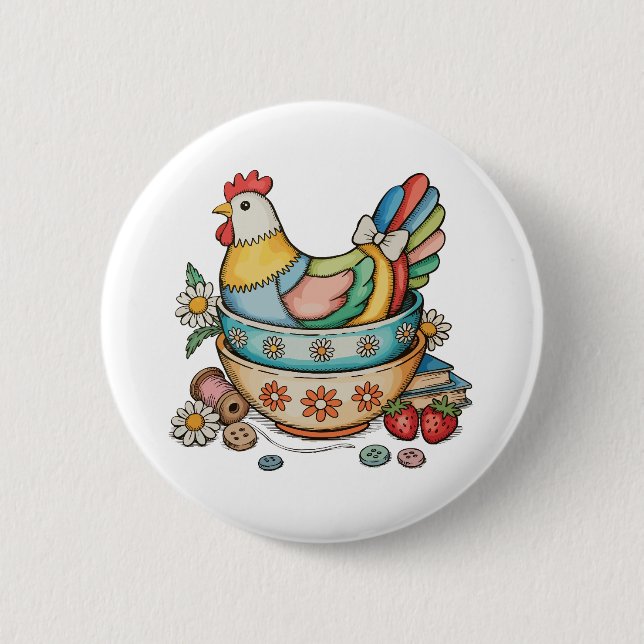 Patchwork Vintage Hen Quilted Chicken Thrifty Button (Vorderseite)