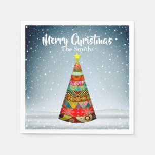 Patchwork Weihnachtsbaum unter einem Schneefall Serviette
