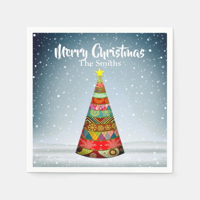 Patchwork Weihnachtsbaum unter einem Schneefall Serviette (Vorderseite)