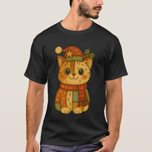 Patchwork-Weihnachtskatze mit Weihnachtsmannmütze  T-Shirt (Vorderseite)