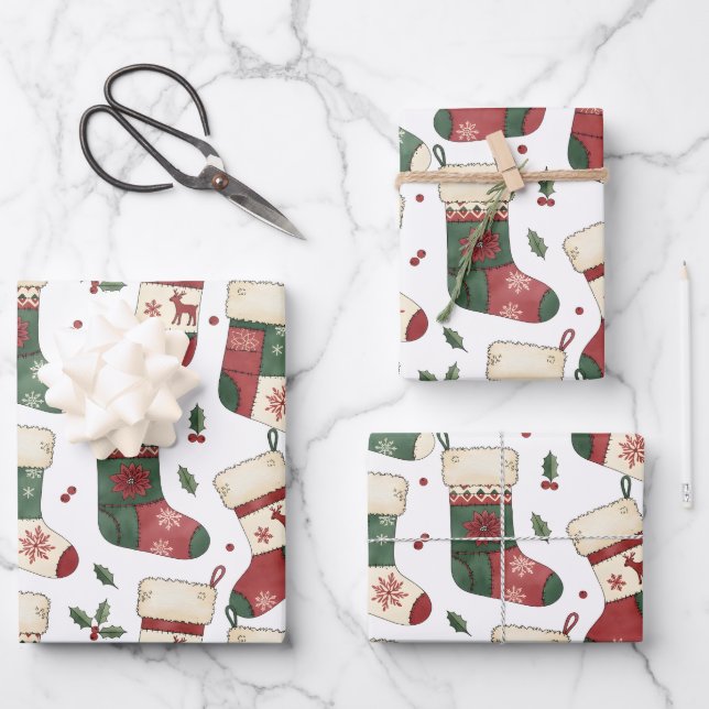 Patchwork-Weihnachtsstrümpfe Rot Grün Weiß Geschenkpapier Set (Vorderseite)