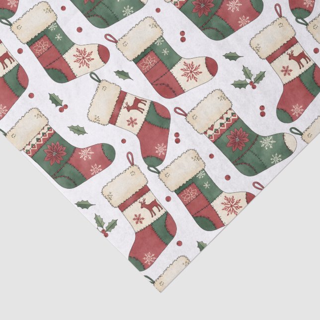 Patchwork-Weihnachtsstrümpfe Rot Grün Weiß Seidenpapier (Ausschnitt)