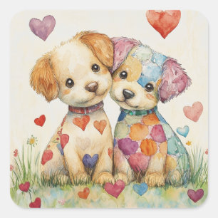 Patchwork Welpen Valentine Quadratischer Aufkleber
