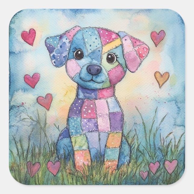 Patchwork Welppy Valentine Quadratischer Aufkleber (Vorderseite)