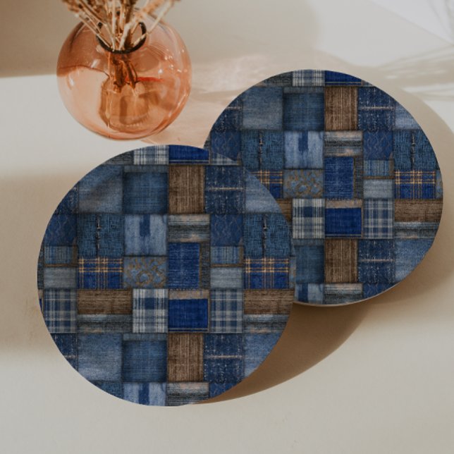 Patchwork Western-Denim-Bär Blaue Jeans-Baby-Party Pappteller (Von Creator hochgeladen)