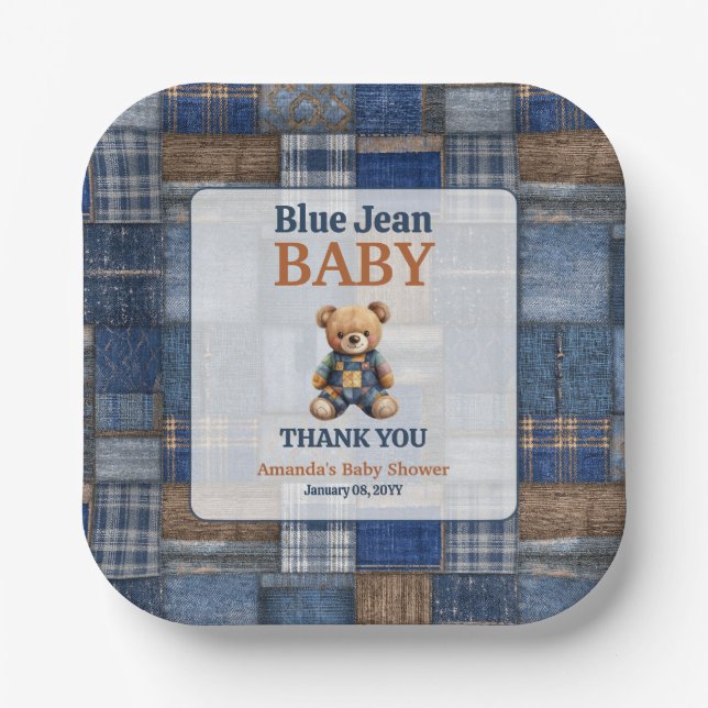 Patchwork Western Denim Bear Blue Jean Baby Shower Pappteller (Vorderseite)