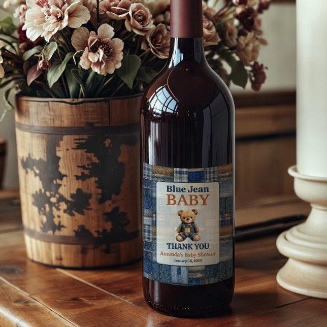 Patchwork Western Denim Bear Blue Jean Baby Shower Weinetikett (Von Creator hochgeladen)