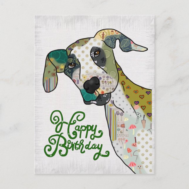 Patchworkhund, Geburtstag Postkarte (Vorderseite)