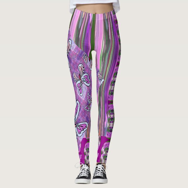 Patchy Stripes Pink Green Leggings (Devant)