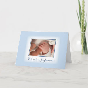 Paten-Einladung mit Händen eines Babyjungen, Blau Einladung