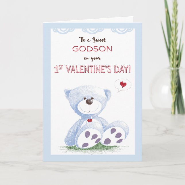 Patensohn, 1. Valentinstag, blauer Teddybär Feiertagskarte (Vorderseite)