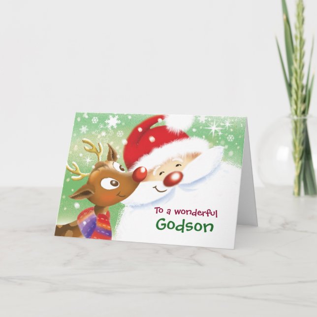 Patensohn, Weihnachten, niedliches Ren u. Sankt Karte (Vorderseite)