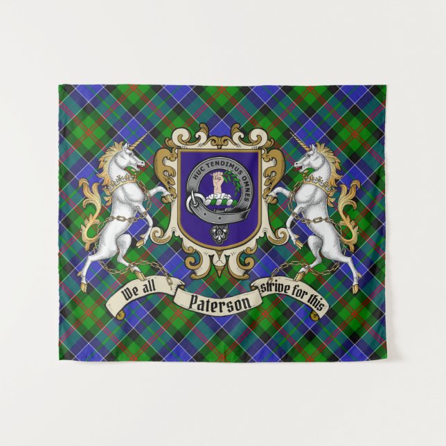 Paterson Clan Abzeichen & Unicorns w/Tartan Wandteppich (Vorderseite (Horizontal))