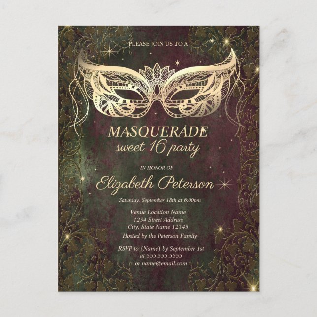 Patina Copper Gold Masque Sweet 16 Einladungspostkarte (Vorderseite)