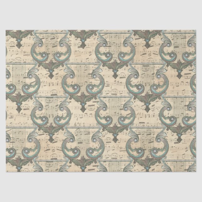 Patina Harps und Musiknote über Cream Decoupage Seidenpapier (Vorderseite)