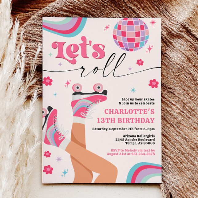 Patinage à rouleaux Invitation Anniversaire Super  (Roller Skating Retro Groovy Birthday Invitation with Disco Ball and Daisies)