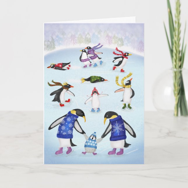 Patinage sur glace pingouins Carte de Noël (Devant)