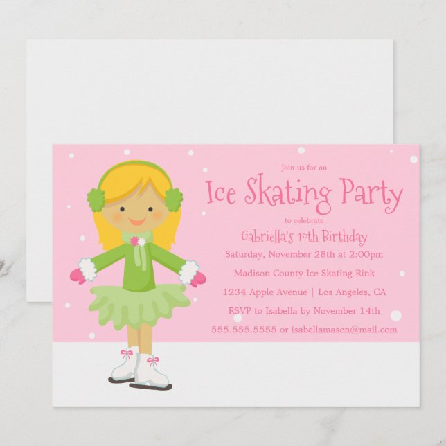 Patinage sur glace rose | Invitation de fête d'ann (Devant / Derrière)