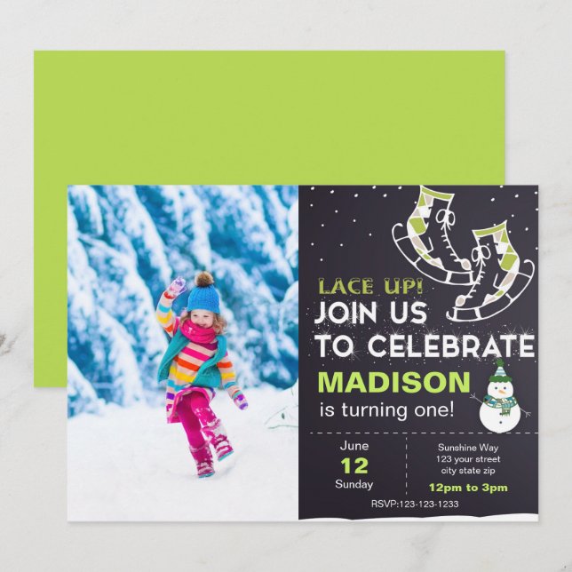 Patinage sur glace vert Invitation d'anniversaire  (Devant / Derrière)