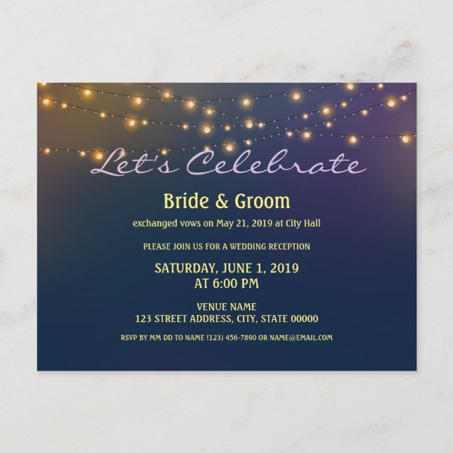Patio Lights Hochzeitsempfang Eloped Postkarte (Vorderseite)