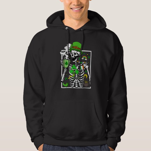 Patrick's Day Skeleton Shamrock Skull Drinking Cof Hoodie (Vorderseite)
