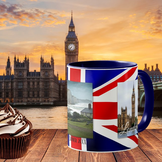 Patriot personnalisé UK Drapeau photo Mug (Photo mug featuring your own favorite photos framed by an image of the British flag)