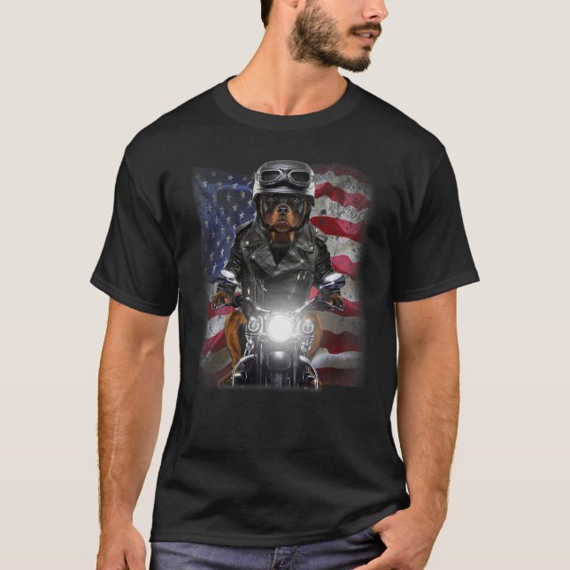 Patriot Rottweiler Hund auf Motorrad mit Flagge T-Shirt (Vorderseite)