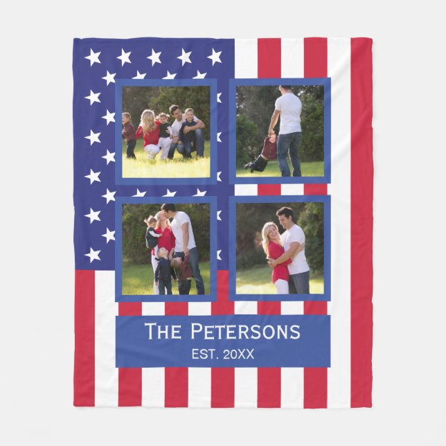 Patriotic 4 Foto Collage American Flag Monogramm Fleecedecke (Vorderseite)