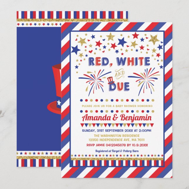 Patriotic 4. Juli Baby Dusche Red White and Due Einladung (Vorne/Hinten)