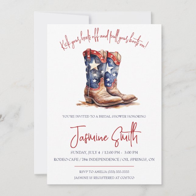Patriotic 4. Juli, Cowgirl Boots Brautparty Einladung (Vorderseite)