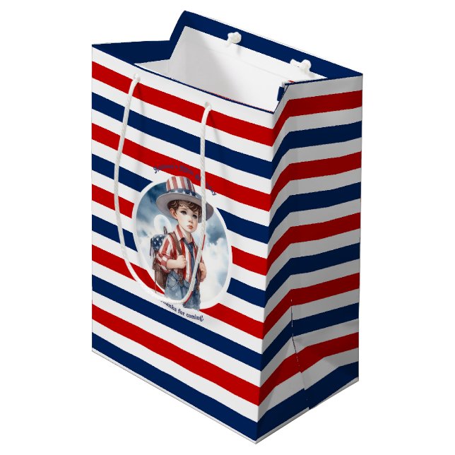 Patriotic All American Boy Birthday Party Mittlere Geschenktüte (Vorderseite Schrägansicht)