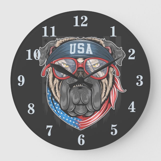 Patriotic American Bulldog Große Wanduhr (Vorderseite)
