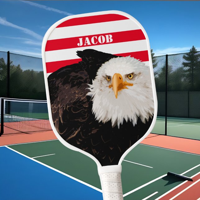 Patriotic American Eagle Bold Red USA Flaggen Stre Pickleball Schläger (Patriotic American Personalized Pickleball Paddle With Bald Eagle Bold Red & White USA Flag Stripes )
