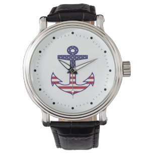 Patriotic American Flag Anchor Nautic Armbanduhr