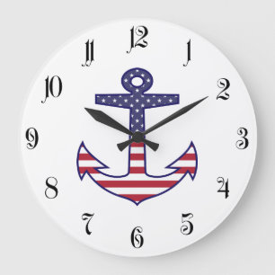 Patriotic American Flag Anchor Nautic Große Wanduhr